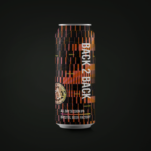 A single aluminum beer can centered on a dark charcoal background. The can features a black label with a vertical pattern of orange and red geometric blocks, white text reading 'BACK 2 BACK', and smaller text 'ALL DAY SESSION IPA' and 'BRISTOL BEER FACTORY'.