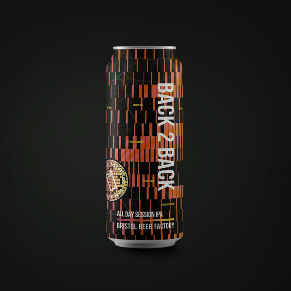 A single aluminum beer can centered on a dark charcoal background. The can features a black label with a vertical pattern of orange and red geometric blocks, white text reading 'BACK 2 BACK', and smaller text 'ALL DAY SESSION IPA' and 'BRISTOL BEER FACTORY'.