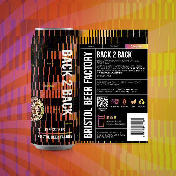A custom beer can from Bristol Beer Factory featuring a black and orange geometric pattern with the text 'BACK 2 BACK' and 'BRISTOL BEER FACTORY'. The can is shown from both the front and back angles against a colorful orange, yellow, and purple graphic background.