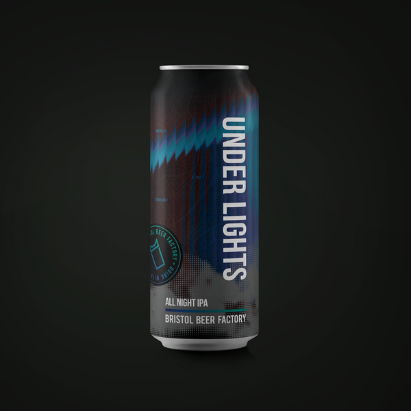 A single beer can centered on a dark studio background. The can is dark gray/black with blue and teal graphic bands, large white vertical text reading 'UNDER LIGHTS,' and smaller text including 'ALL NIGHT IPA' and 'BRISTOL BEER FACTORY.
