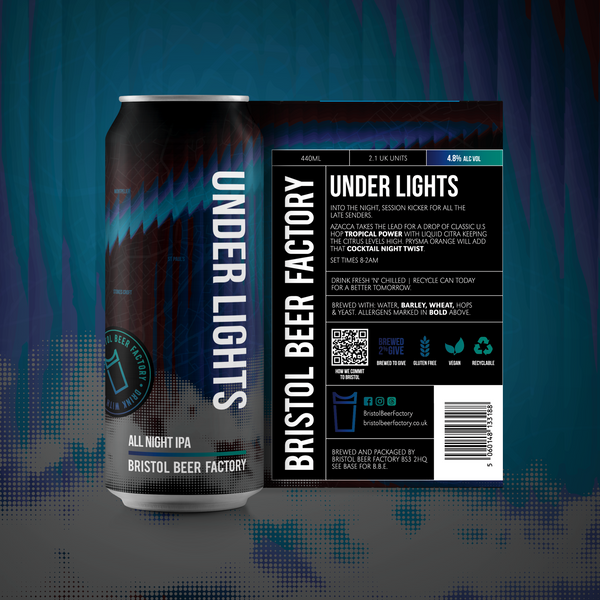 A custom-branded Bristol Beer Factory can of 'Under Lights' All Night IPA, shown with both the front label and the back label facing forward against a dark, stylized background.